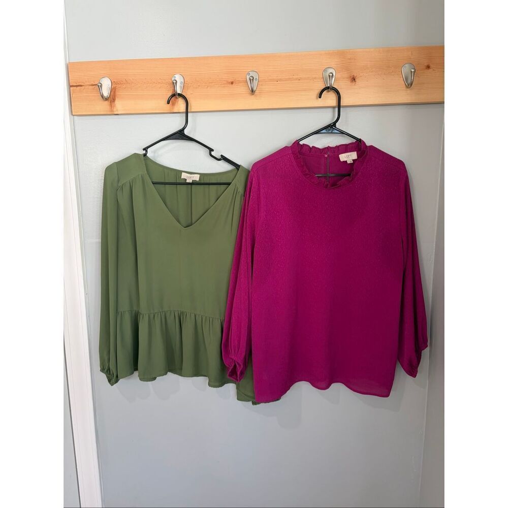 Bundle of 2 LOFT XL Blouses Olive Green Magenta Ruffle Career Business Casual